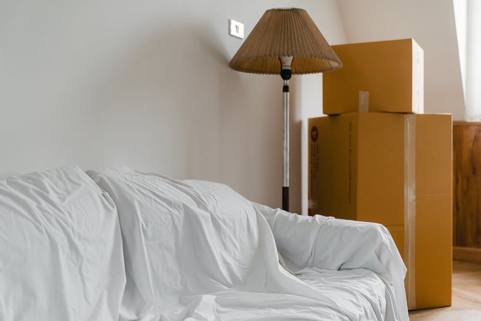 A man and a woman stand in a doorway holding cardboard boxes during a home relocation process. The man, dressed in an orange pair of trousers and a maroon t-shirt, is holding a large cardboard box wit